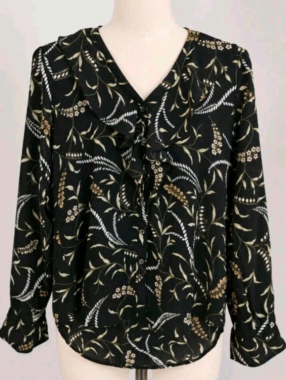 Ann Taylor Black Floral Print Ruffle Button-Down Blouse